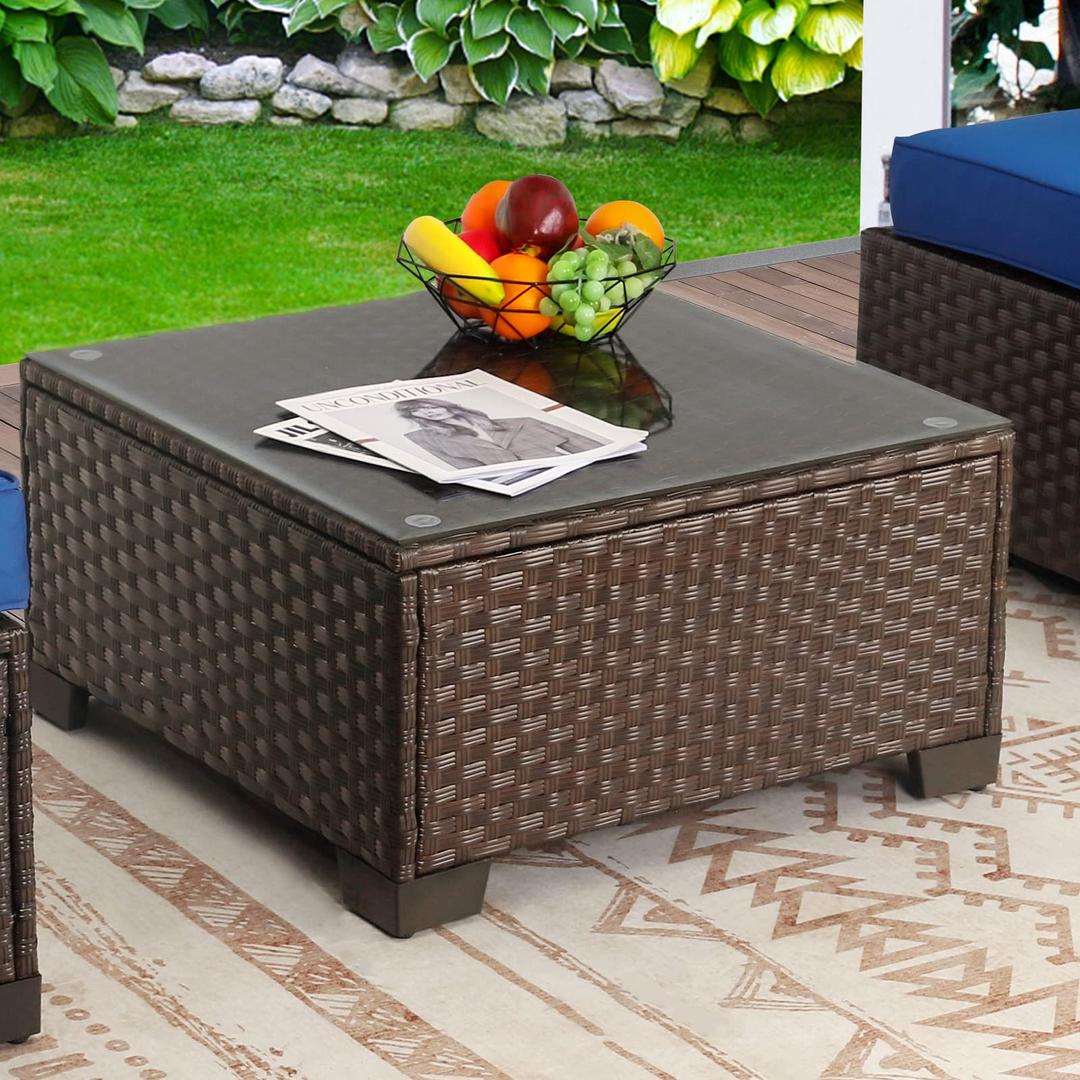 Rattaner Patio Furniture Wicker Coffee Table Outdoor Garden Square Side Table with Tempered Glass Top Brown