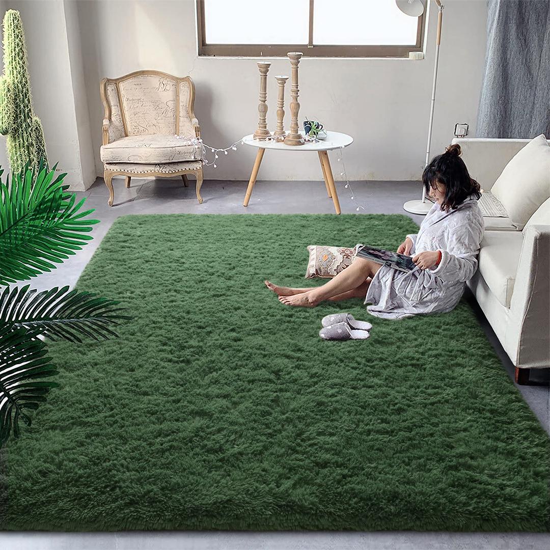 DweIkeSuper Soft Shaggy Rugs Fluffy Carpets, 4x6 ft, Dark Green Area Rug for Living Room Bedroom Girls Kids Room Nursery Home Decor, Non-Slip Plush Indoor Floor Bedside Rug, 4x6 Feet Deep-Green