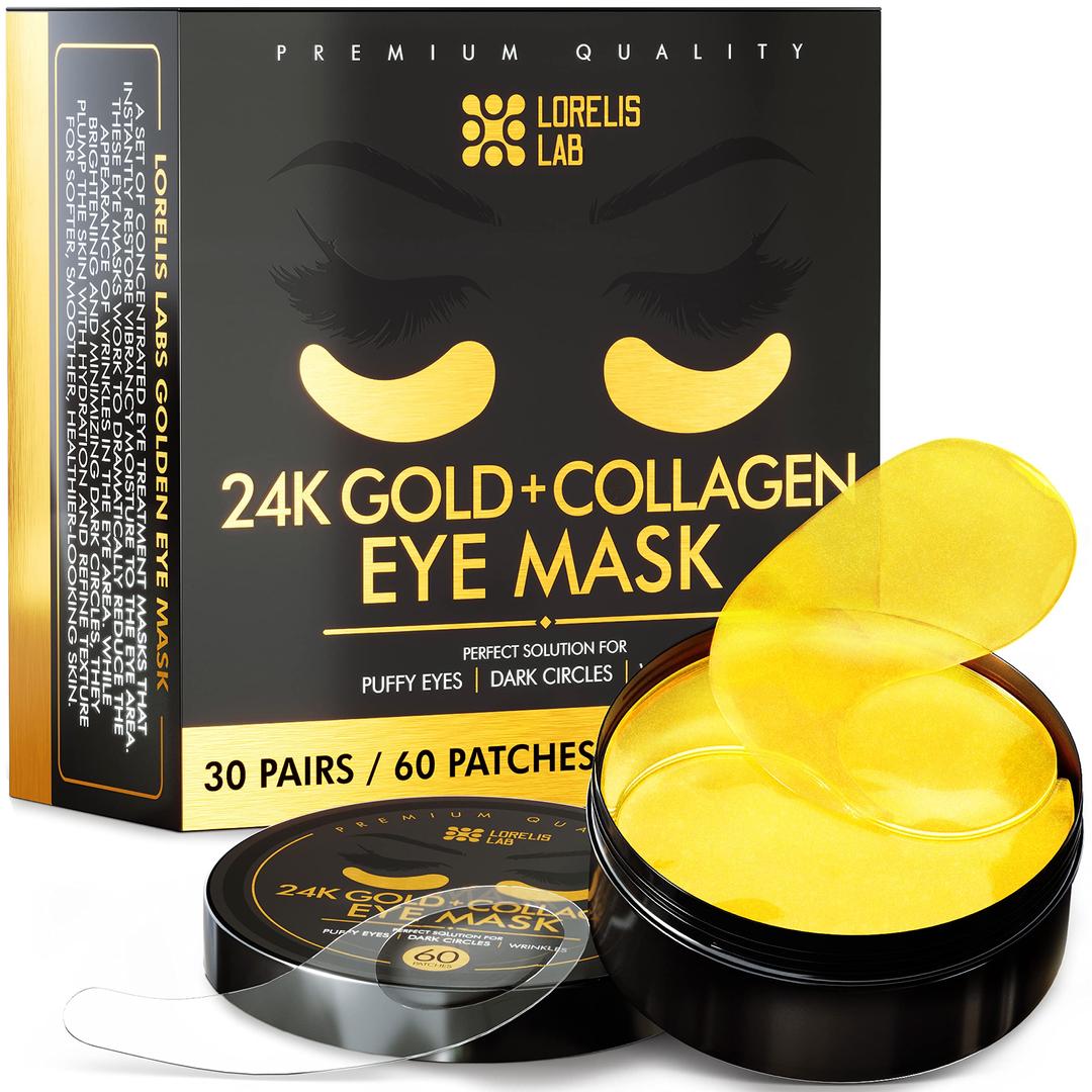 24k Gold Eye Masks for Puffy Eyes and Dark Circles - Anti-Aging, Moisturizing Effect - Under Eye Patches with Collagen, Hyaluronic Acid for Eye Bags, Fine Lines, Wrinkles - Under Eye Masks, 30 Pairs