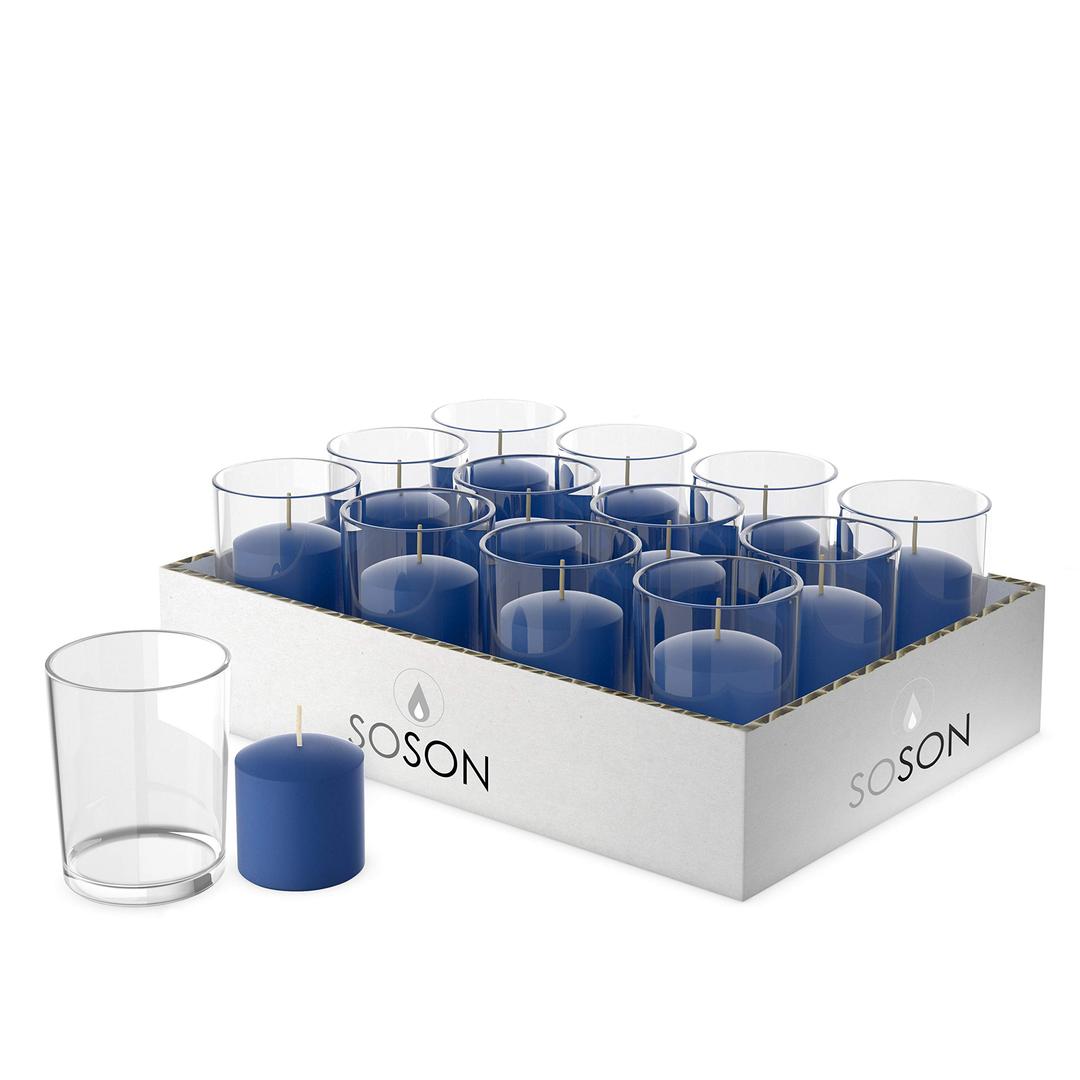 Simply Soson Blue Votive Candles in Glass Set of 24 - Unscented Votivo Small Candles Bulk - Wedding Event Decor