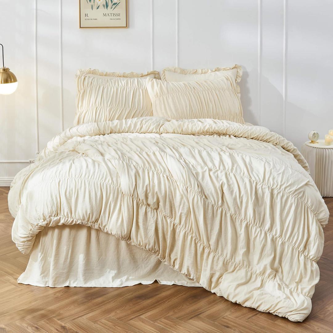 King Size Comforter Set Bedding - Ruched Wheat Comforter King Bed Set Boho Shabby Chic Bedding for Bedroom Comforter Fluffy 3 Piece Ruffle Comforter Set with Pillow White Bedding Soft and Luxury