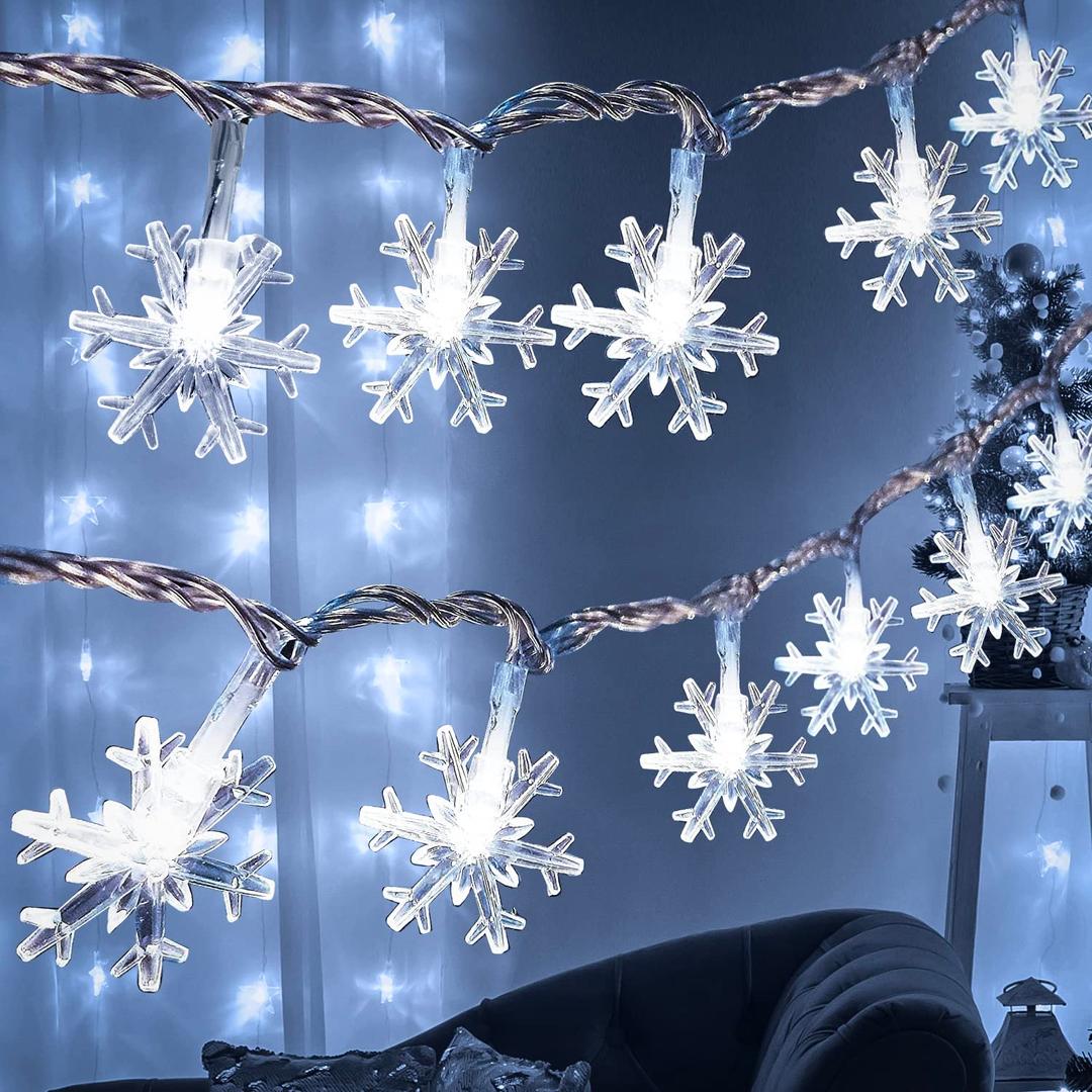 Roxemire Christmas Decoration Lights, 6m 40 LED Snowflake String Lights Battery Operated Indoor Christmas Decorations, Waterproof Outdoor Light for Xmas Garden Patio Bedroom Party Decor - Cool White