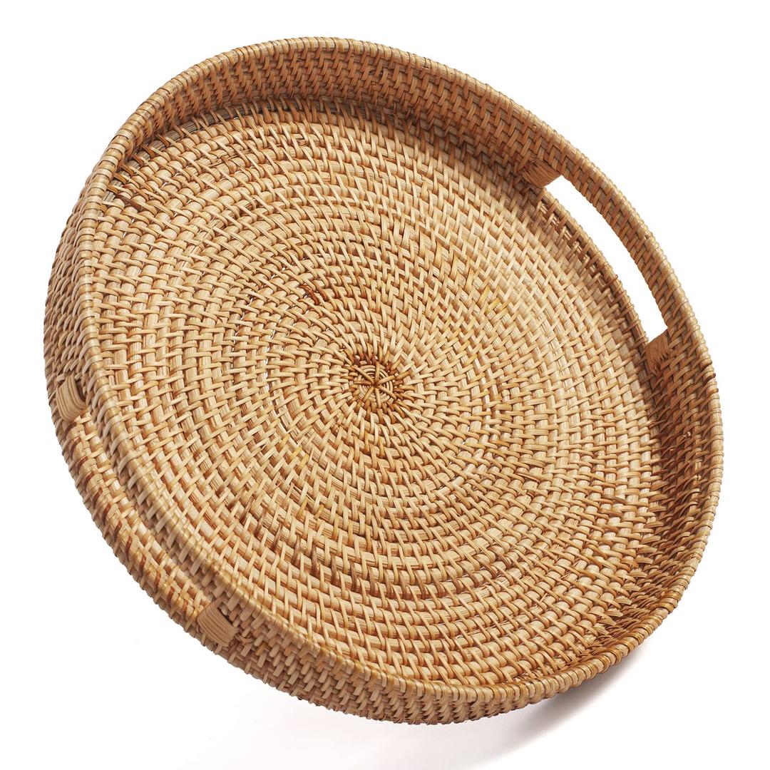 DECRAFTS Round Rattan Serving Tray Decorative Woven Ottoman Trays with Handles for Coffee Table Natural (Small 11.8 inch x 2.4 inch)