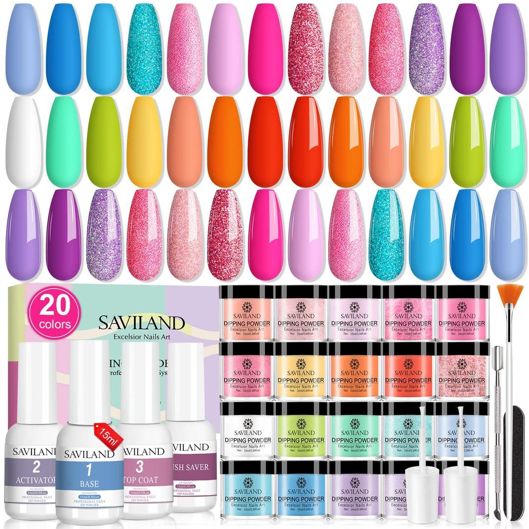 SAVILAND Dip Powder Nail Kit Starter: 29 PCS Rainbow Gel Powder Acrylic Dip Nails Powder Starter Kit Dip Nail Liquid Base Top Coat Activator Brush Saver Nail Beginners Salon Perfect Gift Set