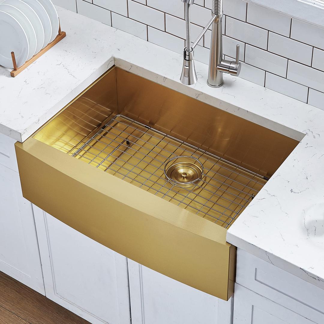 HOTIS Gold Farmhouse Sink, 30 Inch Gold Kitchen Sink, Flat Apron-Front Undermount Drop In Farm Sink, Stainless Steel Single Bowl Handmade Farmhouse Kitchen Sink, Workstation Sink With Accessories