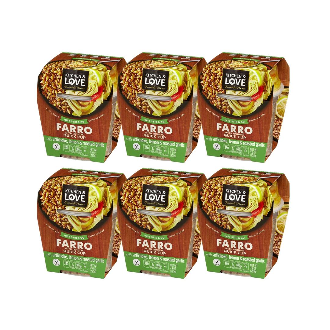 Kitchen & Love Cooked Farro, Artichoke Lemon & Roasted Garlic, Ready to Eat, Quick Cups, Shelf Stable, Non Gmo, Dairy Free, Plant Based, Kosher, Vegan, Vegetarian, 7.9 Oz (6-Pack)