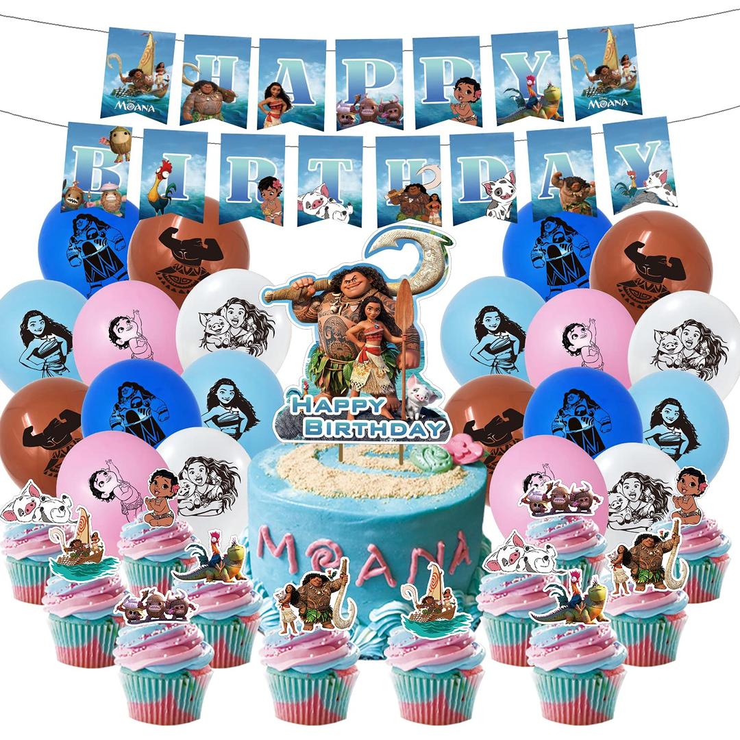 HYOUNINGF Moana Party Supplies,Moana Theme Party Decorations for Boys and Girls Include Happy Birthday Banner, Cake Topper, Cupcake Toppers, Latex Balloons