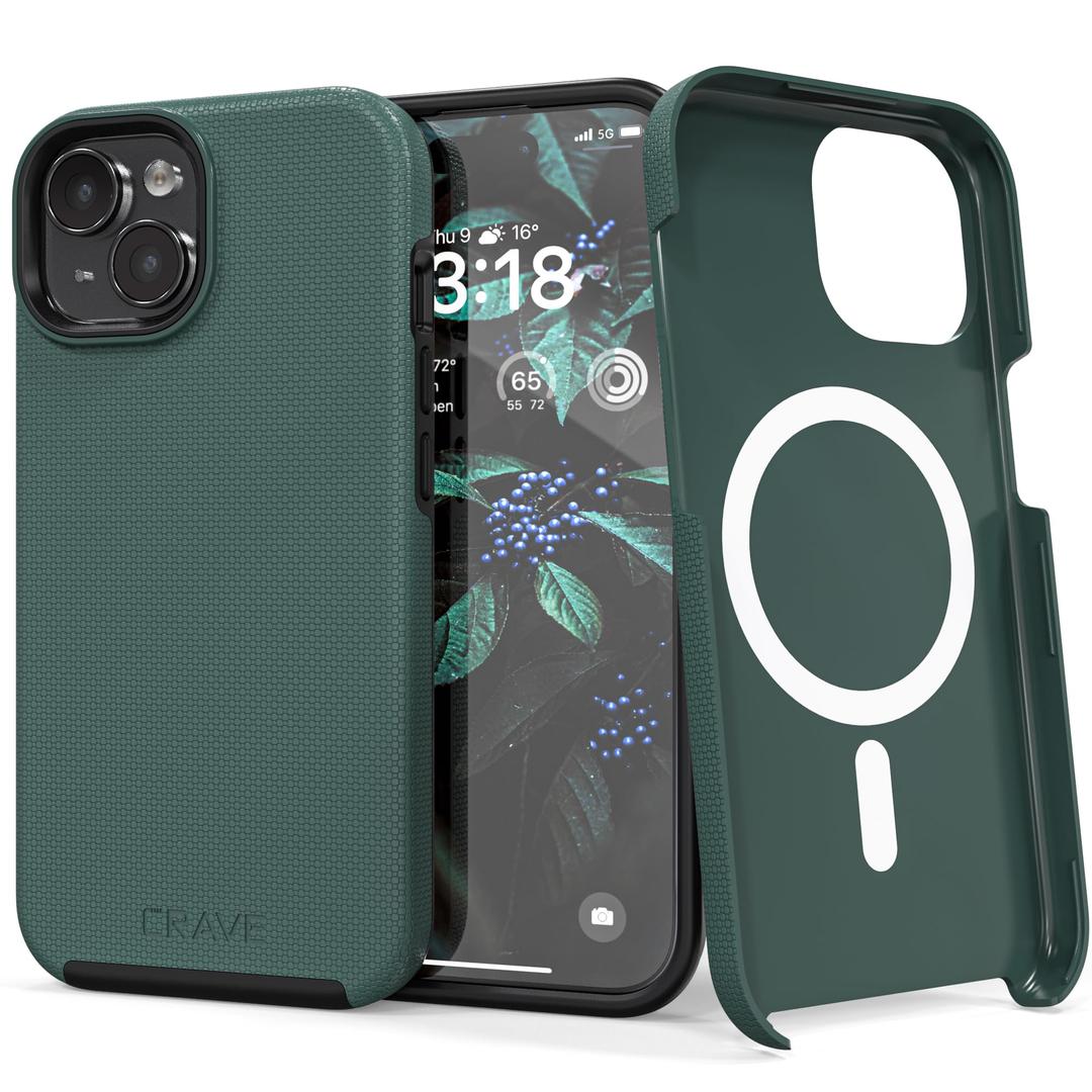 CraveDual Guard Compatible with iPhone 15 Case, Compatible with MagSafe Shockproof Protection Dual Layer Case for Apple iPhone 15 (6.1") - Forest Green