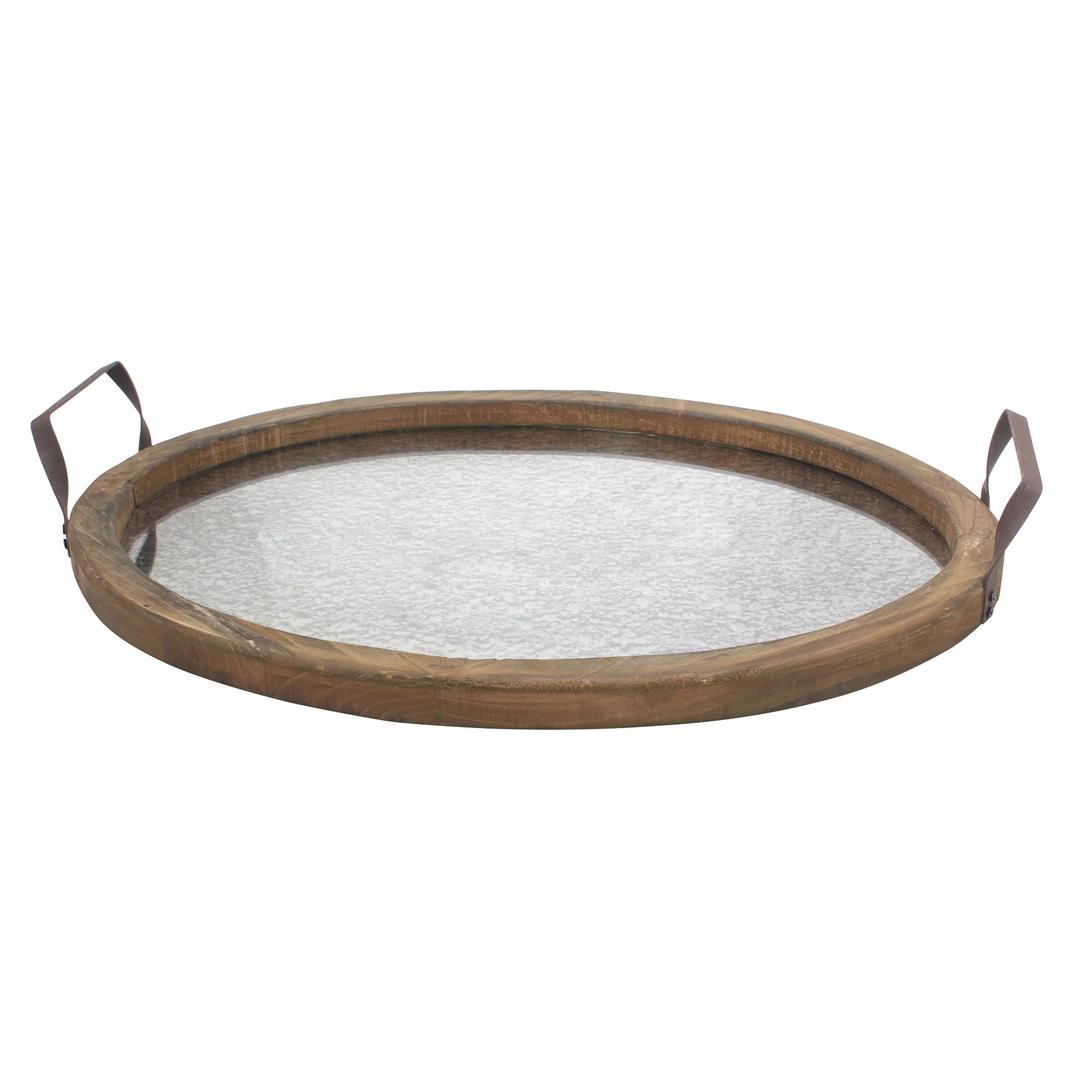 Stonebriar Brown Oval Wood Serving Tray with Metal Handles and Distressed Mirror Base, 19.8" x 14.2"