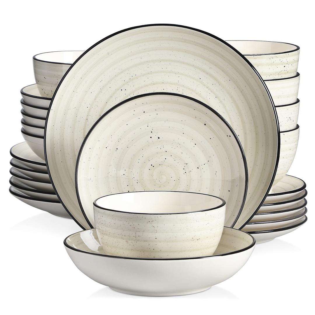 vancasso Stoneware Dinnerware Sets 24 Pieces Bonbon Beige Dinner Set, Plates and Bowls Sets with Dinner Plates Pasta Bowls Soup Bowls Handpainted Spirals Pattern Dish Sets, Service for 6