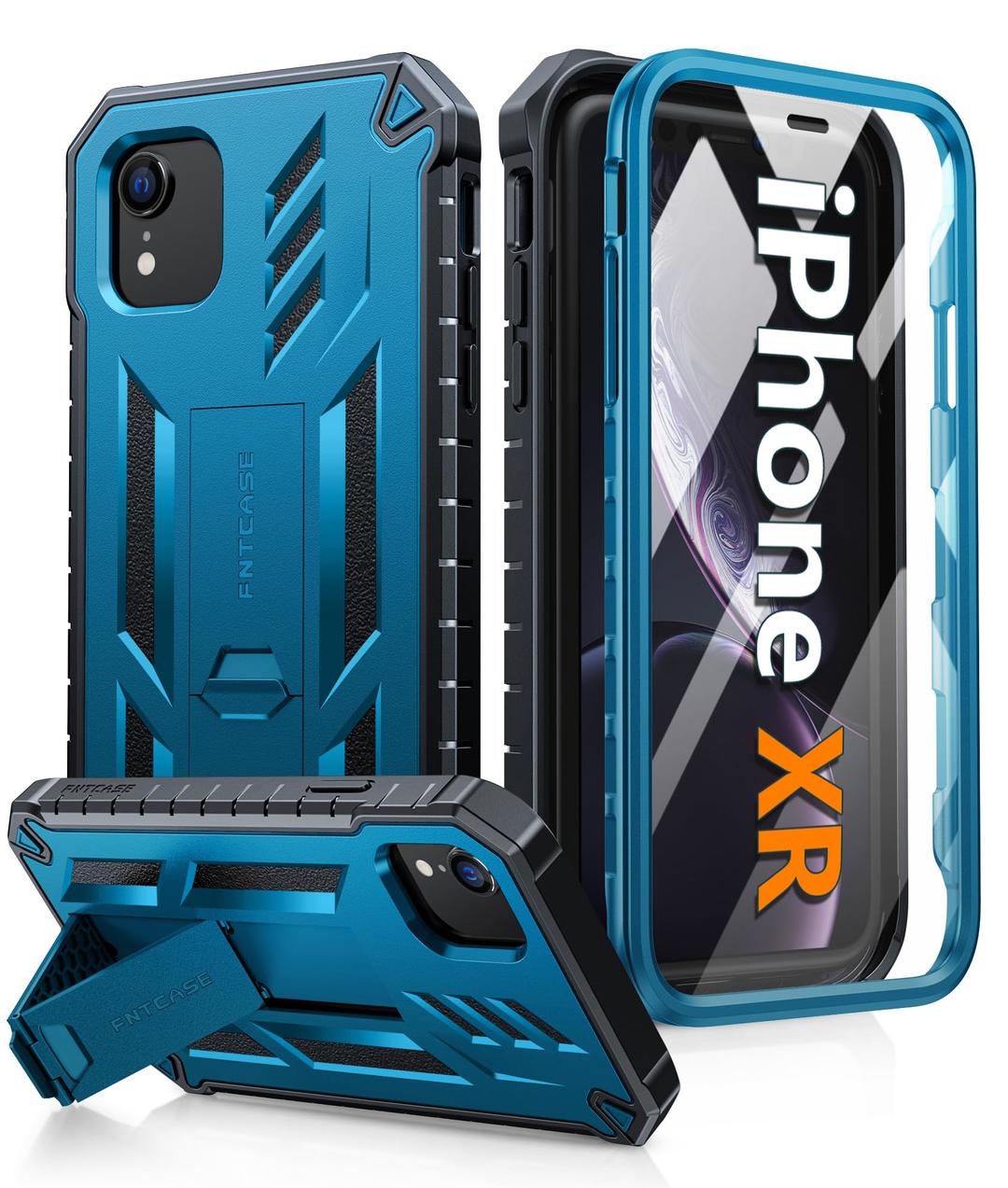 FNTCASE for iPhone XR Phone Case: Military Grade Full Protection Shockproof Hard Phonecase with Kickstand - Rugged Protective Cases Matte Textured Drop Proof Heavy Duty Cover - Blue