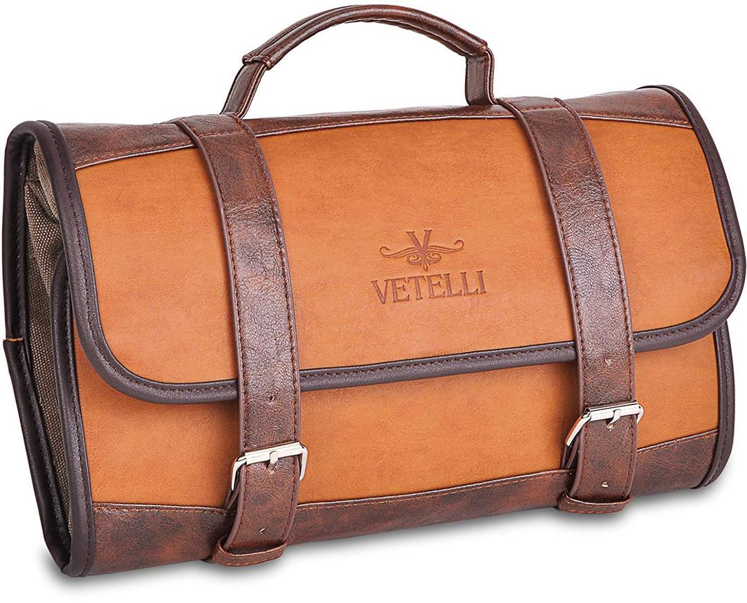 VetelliLeather Toiletry Bag for Men - Water Resistant, 2 Zippered Internal Pockets, 2 Snap-Fastened Internal Pockets, and Hanging Hook.