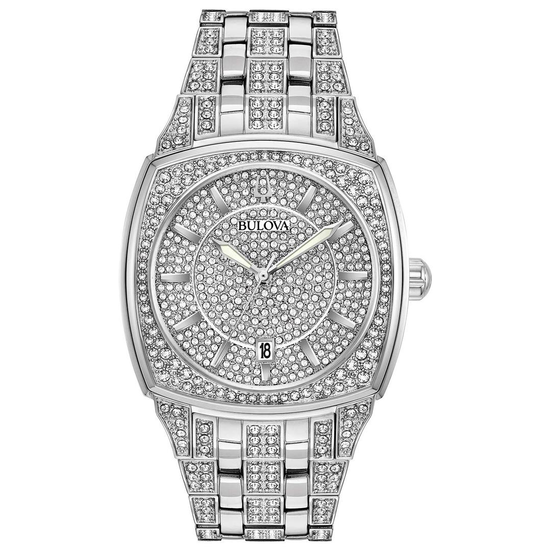 BulovaMen's Crystal Phantom 3-Hand Date Quartz Cushion Shaped Case Watch, Pave Crystal Dial, 40mm