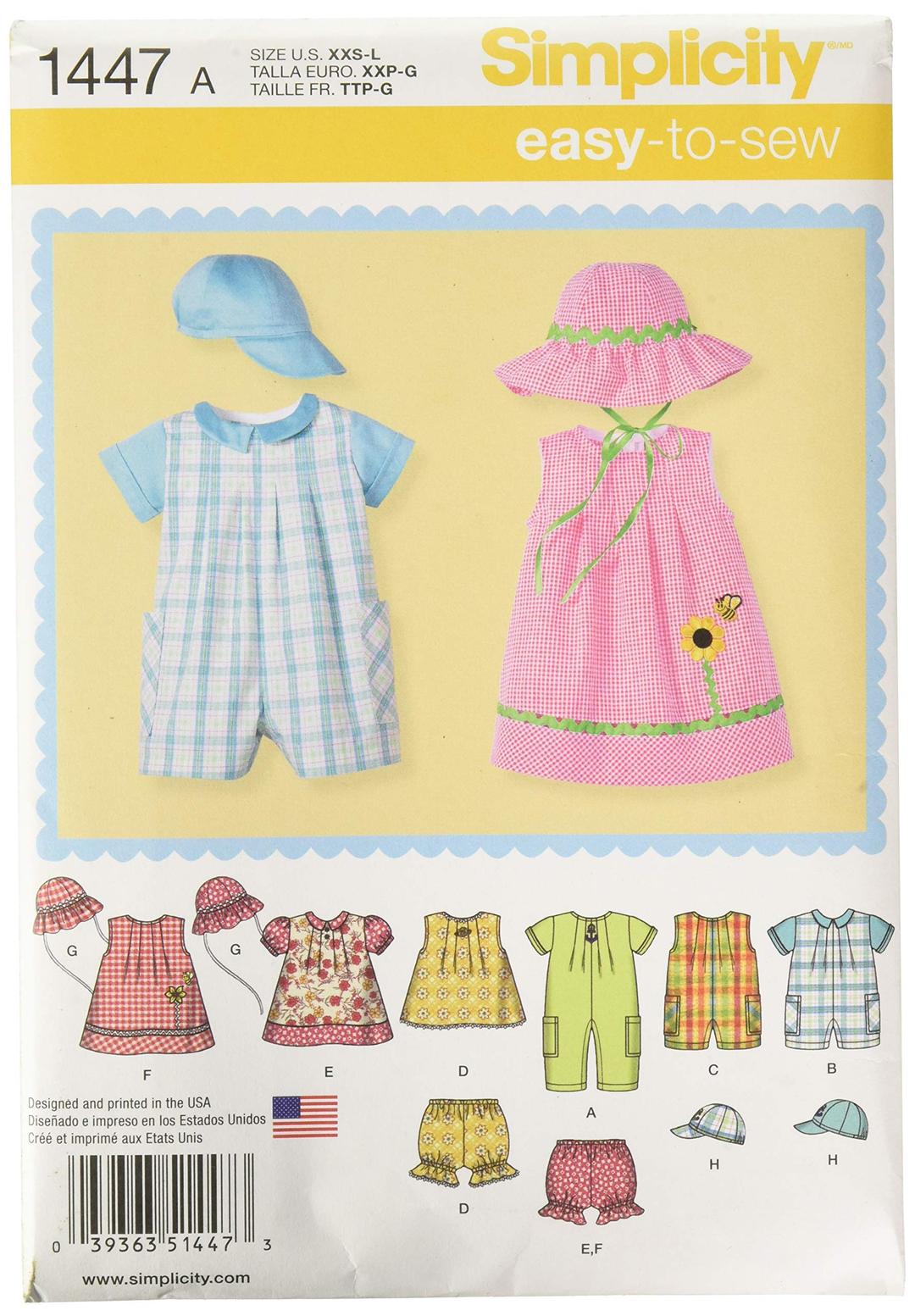 Simplicity 1447 Baby's Romper, Dress, Top, Underwear, and Hat Sewing Patterns, Sizes XXS-L