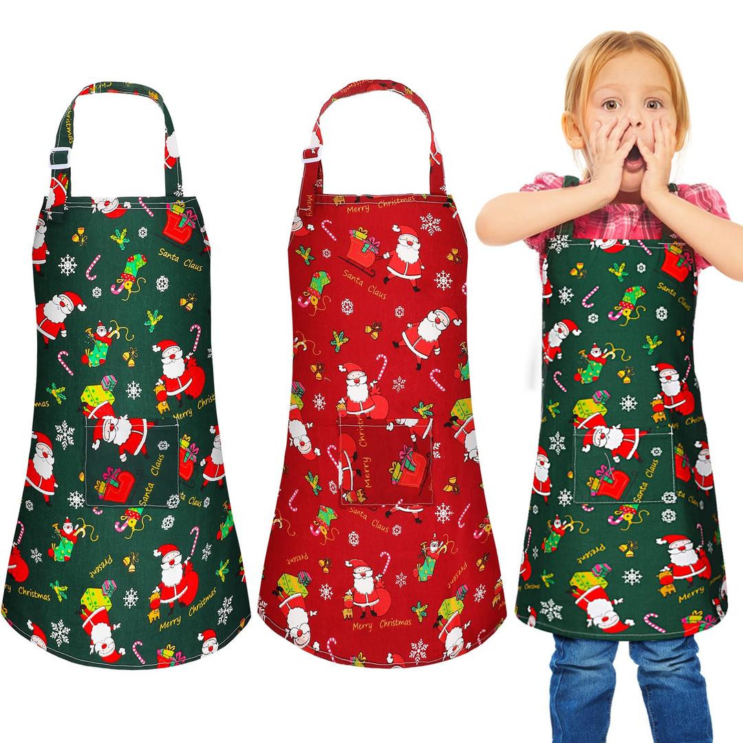 Geyoga 2 PCS Kids Dinosaur Aprons with Pocket Children Kitchen Aprons Boy Cartoon Chef Baker Aprons for Cooking Painting (Santa Style)