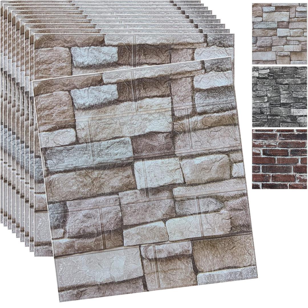 10PCS 3D Wall Panels Peel and Stick 3D Brick Wallpaper Peel and Stick Faux Stone Wall Panel Foam Brick Self-Adhesive Wallpaper (Rock,10pcs)