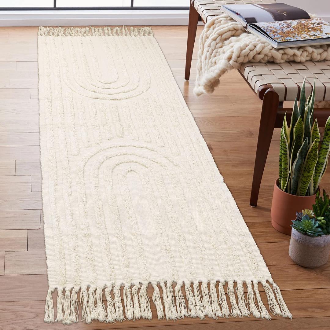 Lanffia Boho Runner Rug 2x6, Beige Hallway Rug Runner Washable Tufted Rainbow Rug with Tassels Indoor Farmhouse Neutral Floor Carpet for Kitchen Laundry Room Doorway Bedroom Living Room