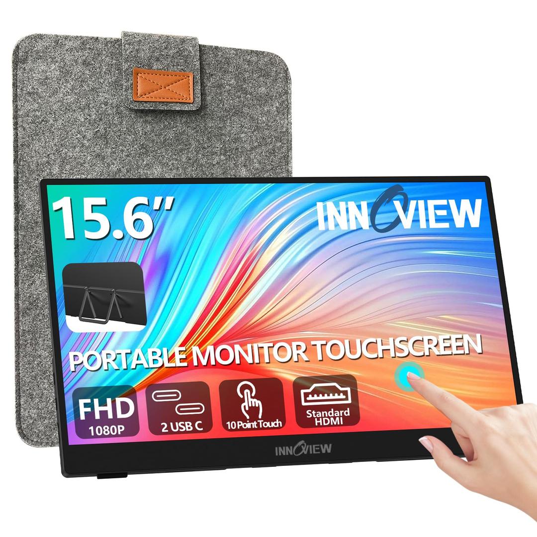 InnoViewPortable Monitor Touchscreen 15.6" 1080P 10-Point Touch Screen Monitor Portable with Protective Sleeve Built-in Stand, 1200:1 HDMI USB C Travel Monitor for Laptop, PC, Mac, Phone, Switch