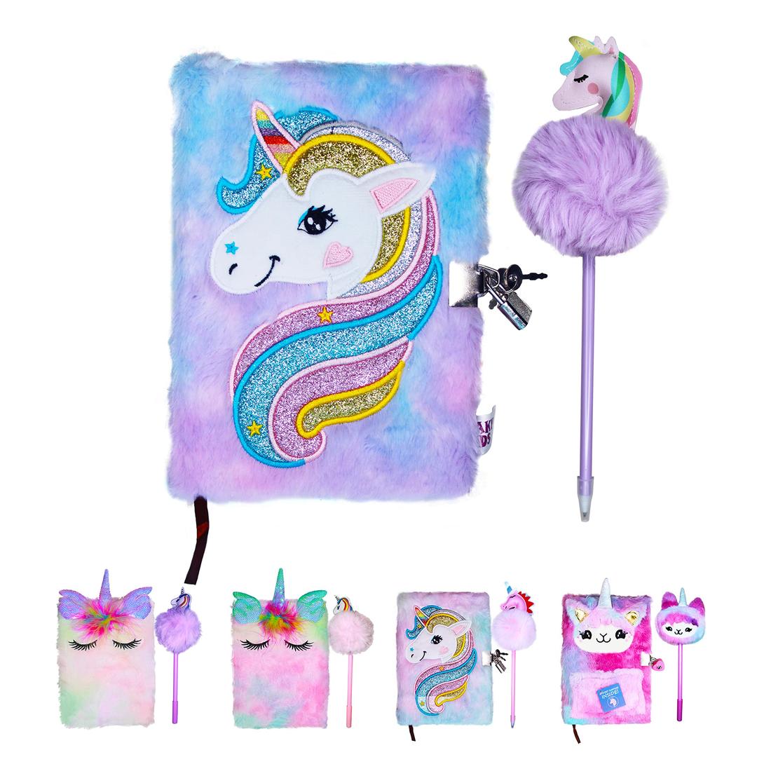 Unicorn Notebook Fluffy Soft with Pom-Pom Pen Stickers Cute Fuzzy Plush Stylish School Pocketbook Gift Set Girl’s Dream Gift Diary Notebook Writing Pads Study School Kids Stationary (Fluffy Purple)