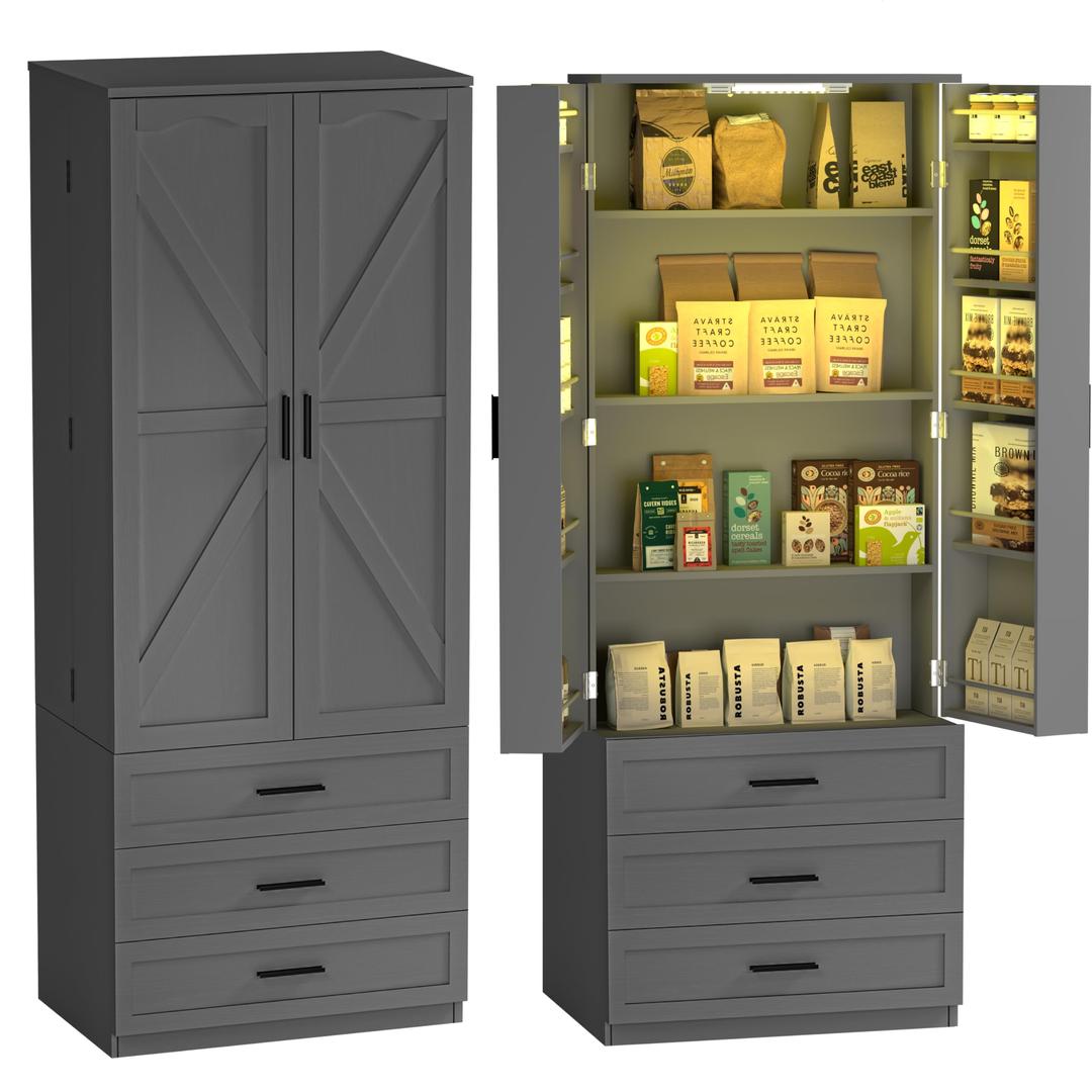 72" LED Kitchen Pantry Cabinet with 3 Drawers Farmhouse Tall Storage Cabinet Wood Food Pantry with Barn Doors and Adjustable Shelves Versatile Storage Freestanding Cupboard for Kitchen