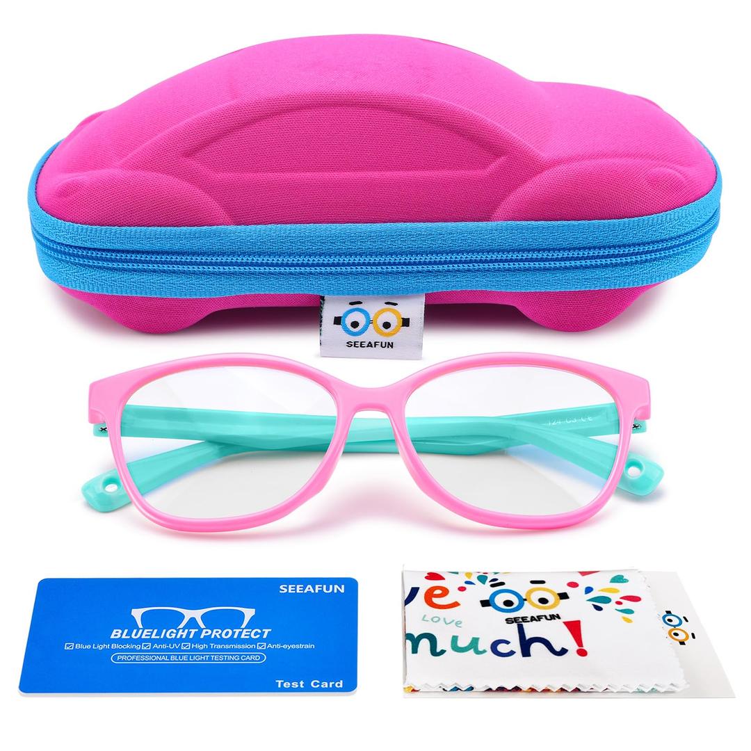 Blue Light Glasses for Kids Girls Boys with Cute Car Case, UV400 Protection, Anti Blue Ray Age3-12