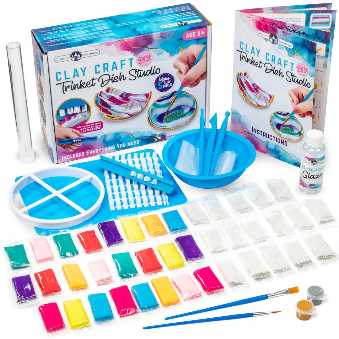 Original Stationery Clay Craft DIY Trinket Dish Studio, 40-Pieces Colorful Modeling Clay Kit for Kids with Clay Tools, Letter Press for Art and Crafts, Ideal Christmas and Thanksgiving Gift