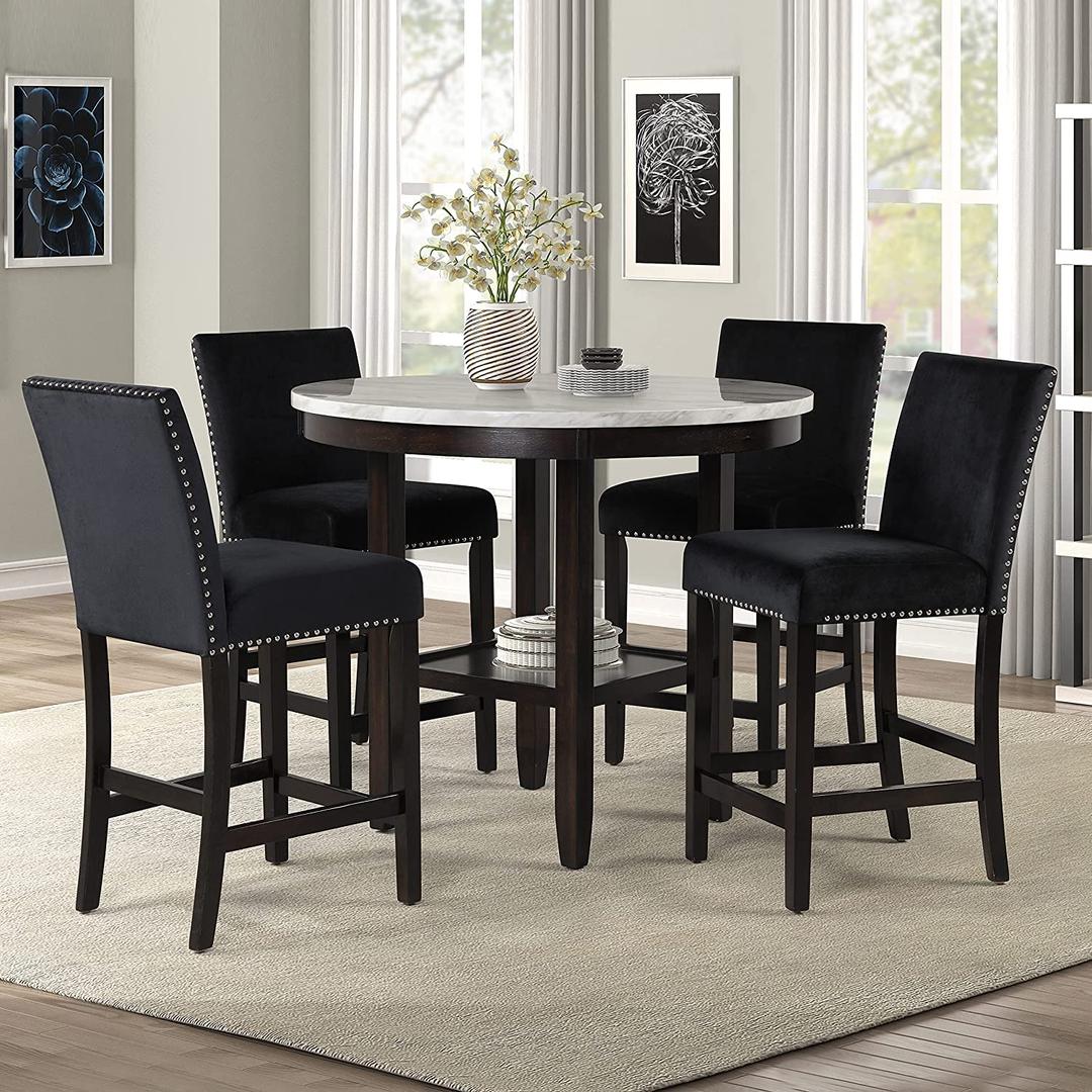 New Classic Furniture Celeste 5-Piece Faux Marble Round Counter Set with 1 Table and 4 Chairs, 42-Inch, Black