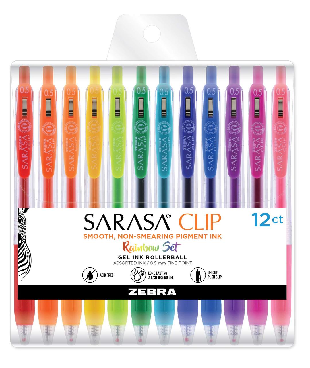 Zebra Pen Sarasa Clip Retractable Gel Pen, Fine Point, 0.5mm, Rainbow Assorted Colors, 12 Pack (44100)