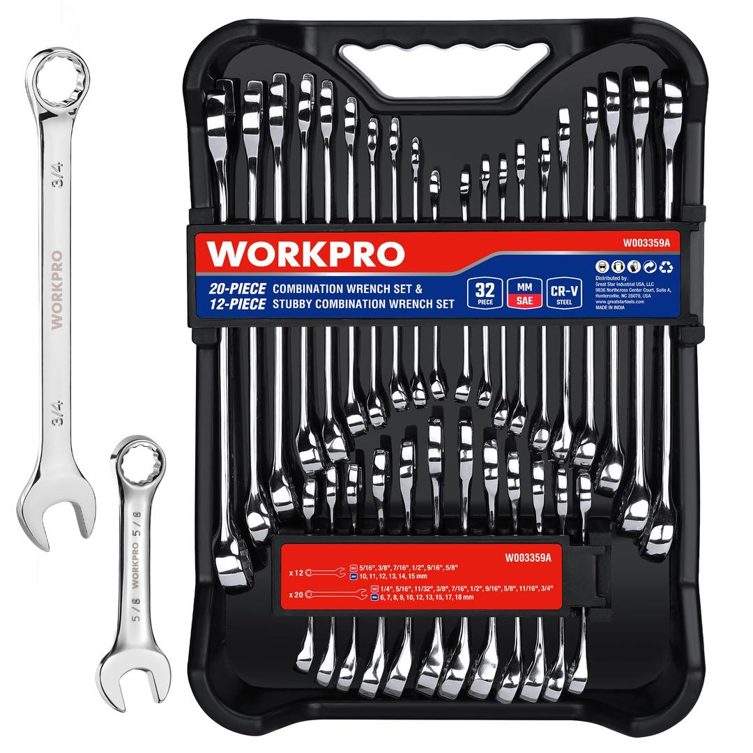 WORKPRO 32-Piece SAE & Metric Combination Wrenches Set, 20-Piece Standard wrenches and 12-Piece Stubby Wrenches with Organizer Tray, Cr-V Steel Mirror Chrome Polished