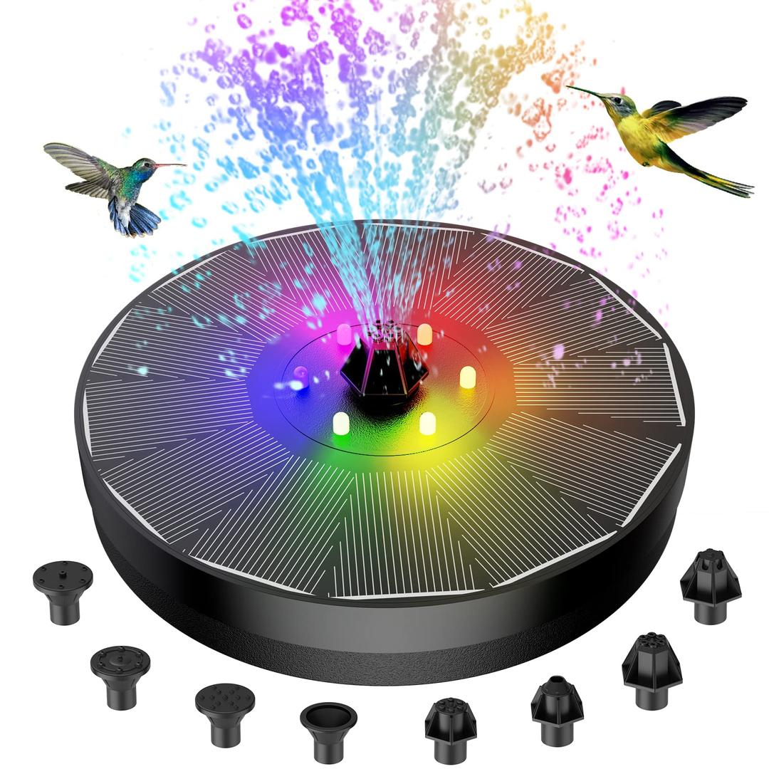 Solar Fountain, Powered Water 4W Pump for Bird Bath with LED Lights, 7 Nozzle and Fixer Hummingbird Garden, Pond, Pool, Fish Tank, , Black