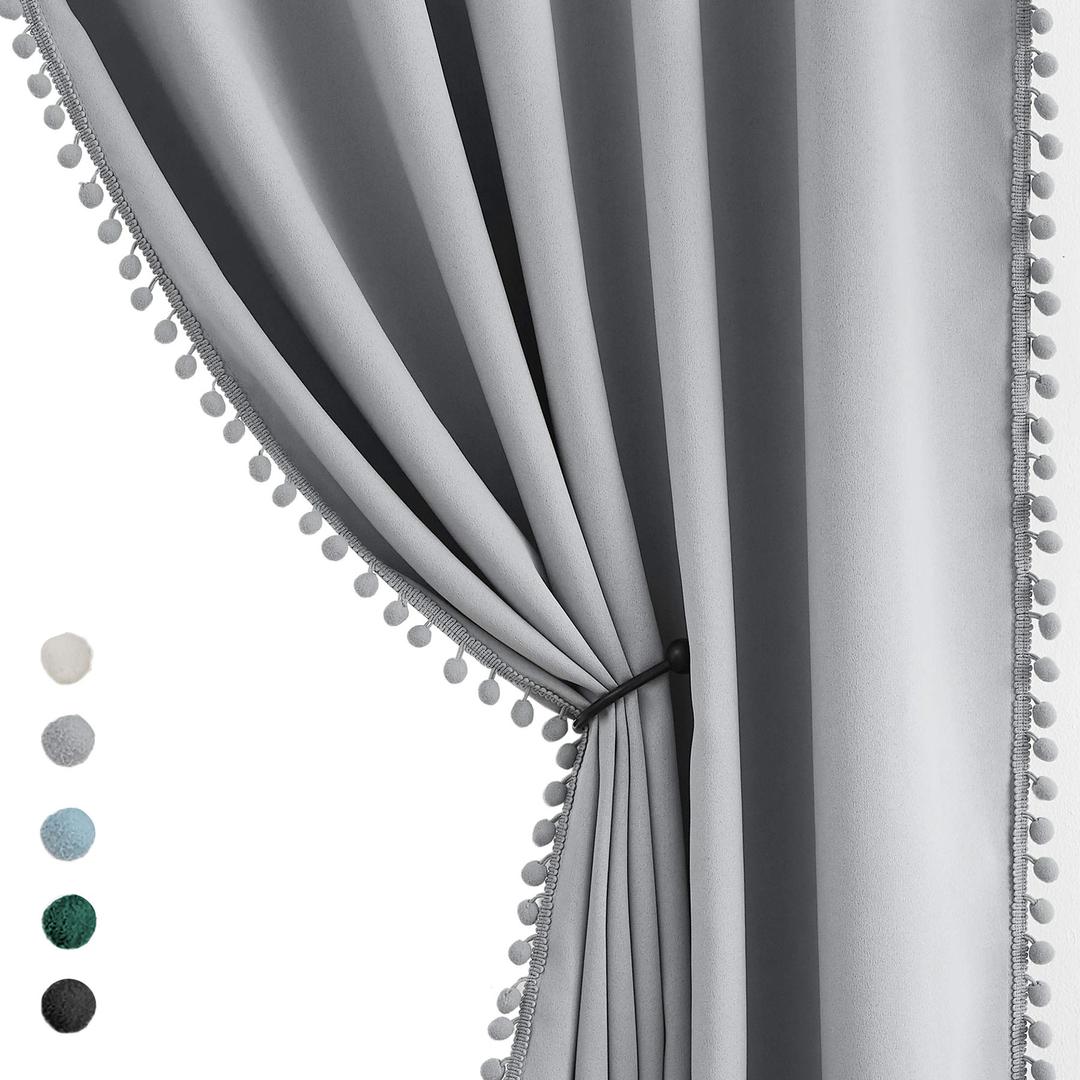 Pom Pom Grey Curtains for Bedroom Windows 84 inch Energy Efficient Thermal Insulated Living Room Darkening Curtain Panels Drapes Nursery Room Children 52" w x2 Panels Rod Pocket