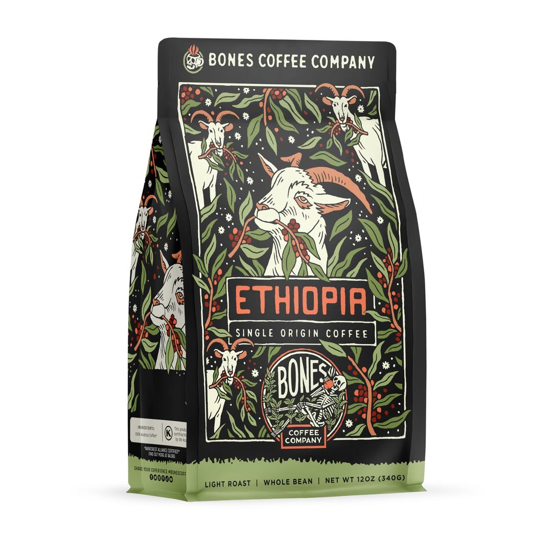 Bones Coffee Company Ethiopia Single-Origin Whole Coffee Beans, Low Acid Coffee Made with Arabica Coffee Beans, Light Roast Gourmet Coffee, Coffee Lover Gift Ideas (12 oz)