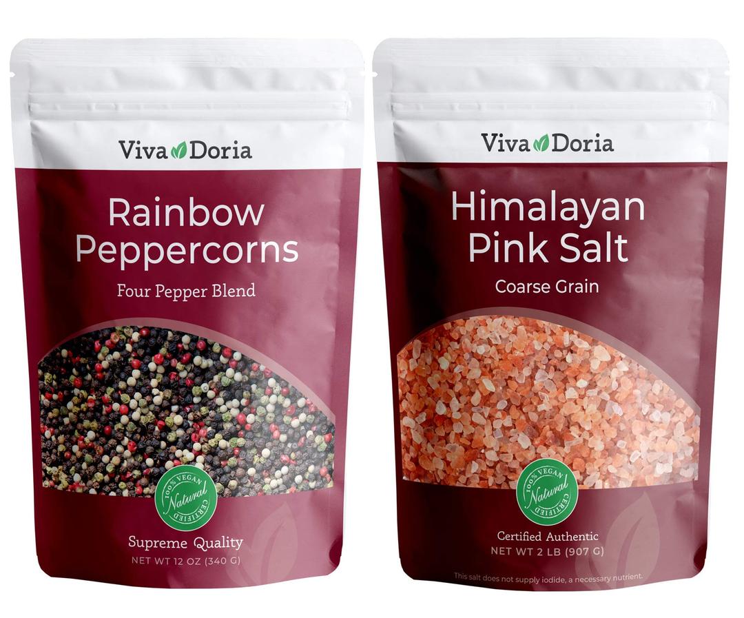 Viva Doria Rainbow Peppercorn Blend (Steam Sterilized Whole Black, White, Green and Pink Peppercorn) 12 oz and Himalayan Pink Salt (Coarse Grain) 2 lbs for Grinder Refills (Pepper+Salt)