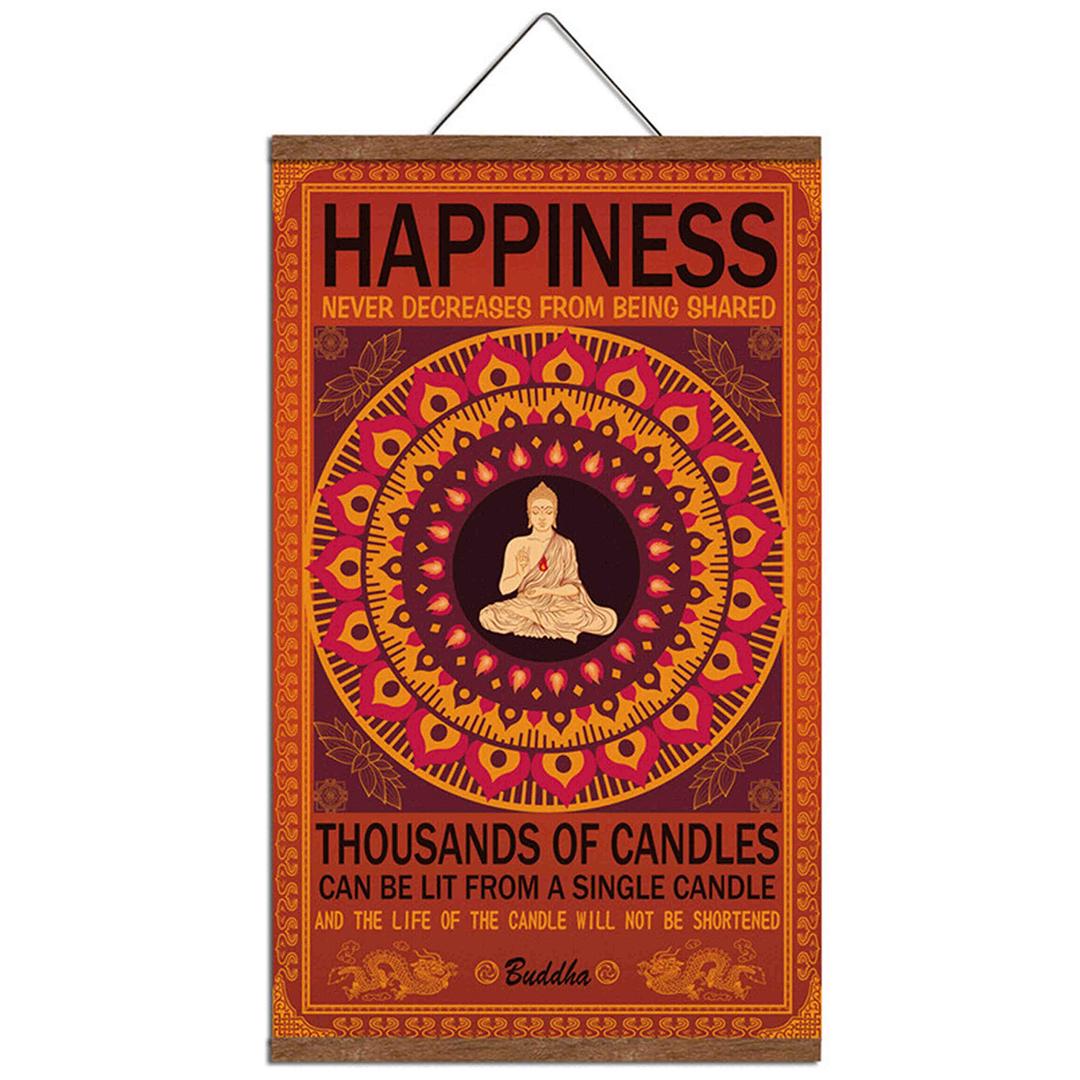 WEROUTE Buddha Wall Art Zen Decor Printed on Canvas with Scroll Wood Frame Hanger Poster Happiness Quote Motivational Home Decor Hanging Painting 15.7 x 27 inch