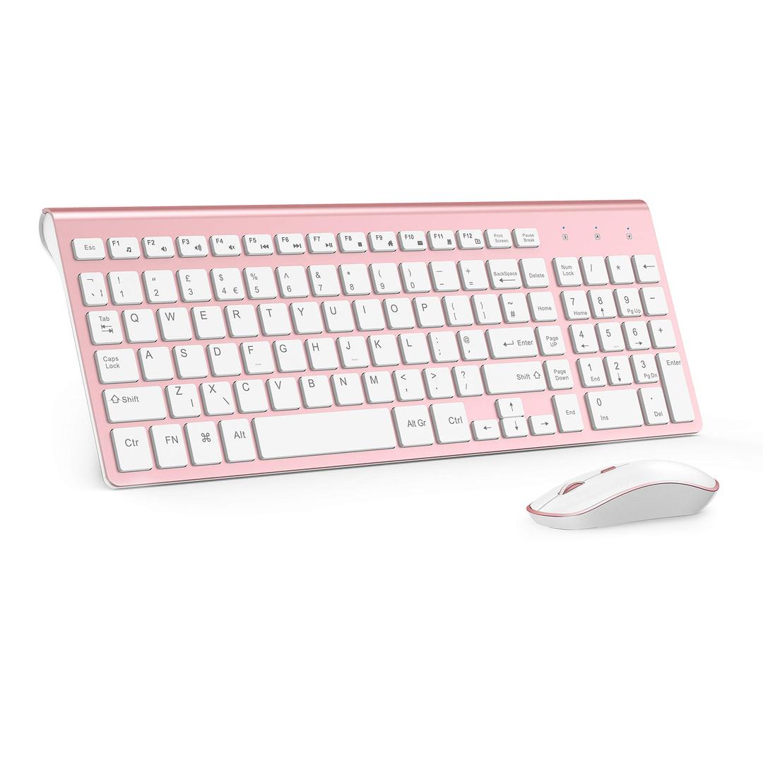 Wireless Keyboard and Mouse,QWERTZ Keyboard and Mouse,2400DPI Optical Mice for PC,Smart TV,Laptop,Windows (UK Layout) by JOYACCESS -Rosy Gold and White