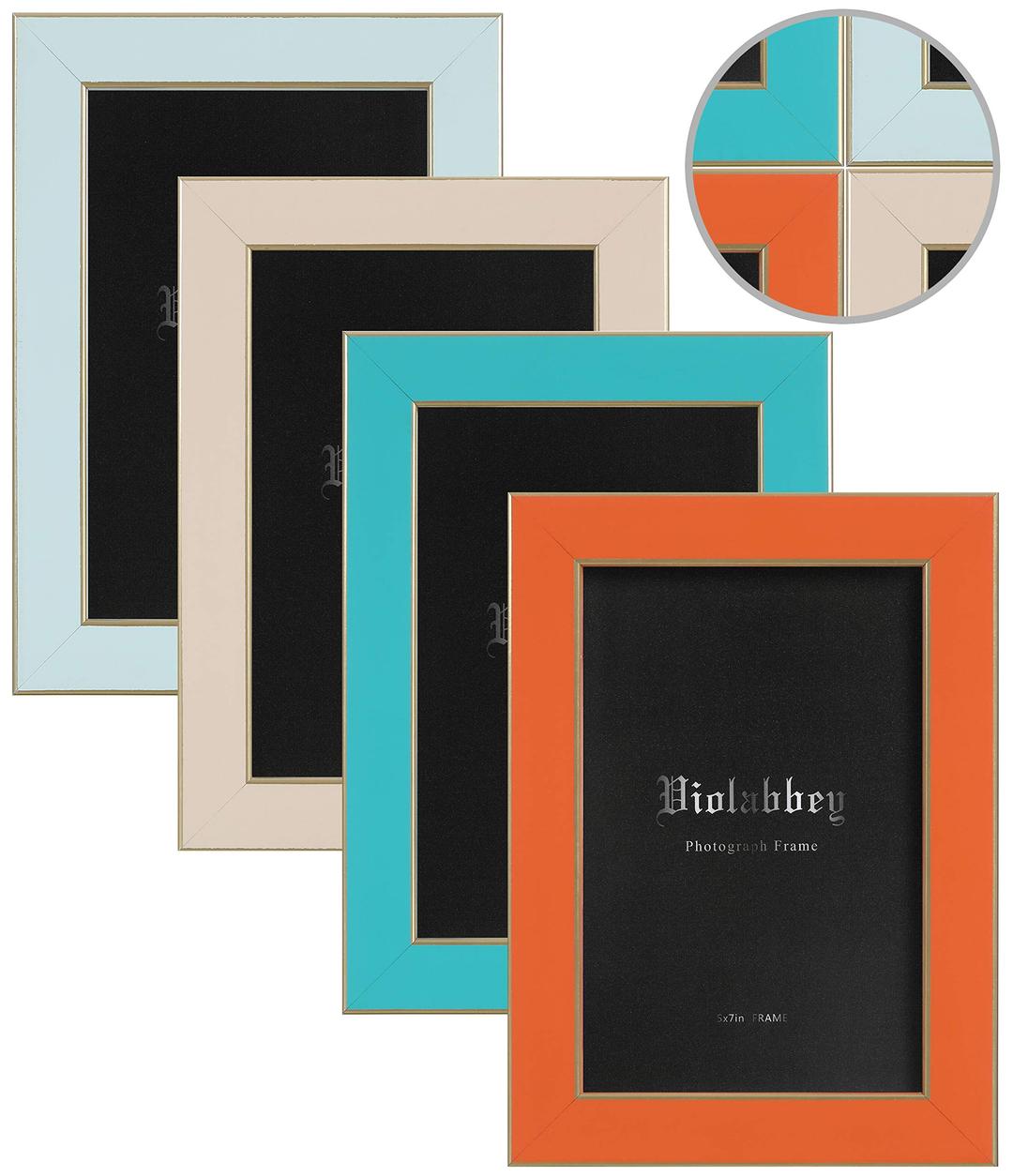 VIOLABBEY 5x7 Picture Frames Set of 4, Colorful Photo Frame of Modern Style, High Definition Tempered Real Glass, Wall Mounted or Tabletop Display (Blue+light blue+orange+apricot)