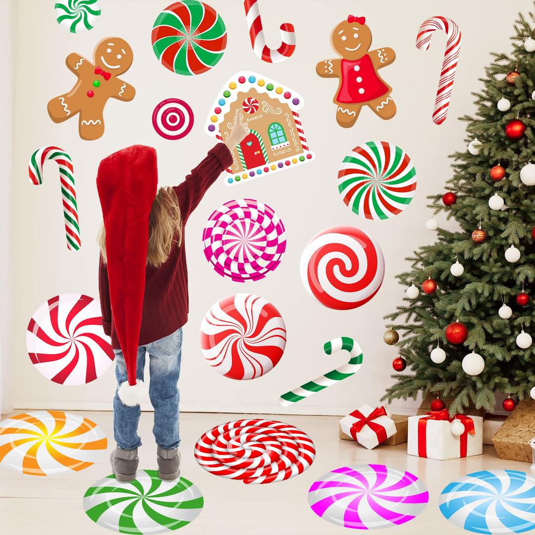 Christmas Decorations - Christmas Wall Stickers Christmas Floor Decals Peppermint Candy Cane Gingerbread Man Stickers Decor 59 PCS Xmas Candy Stickers for Candy Land Decorations 8 Sheets