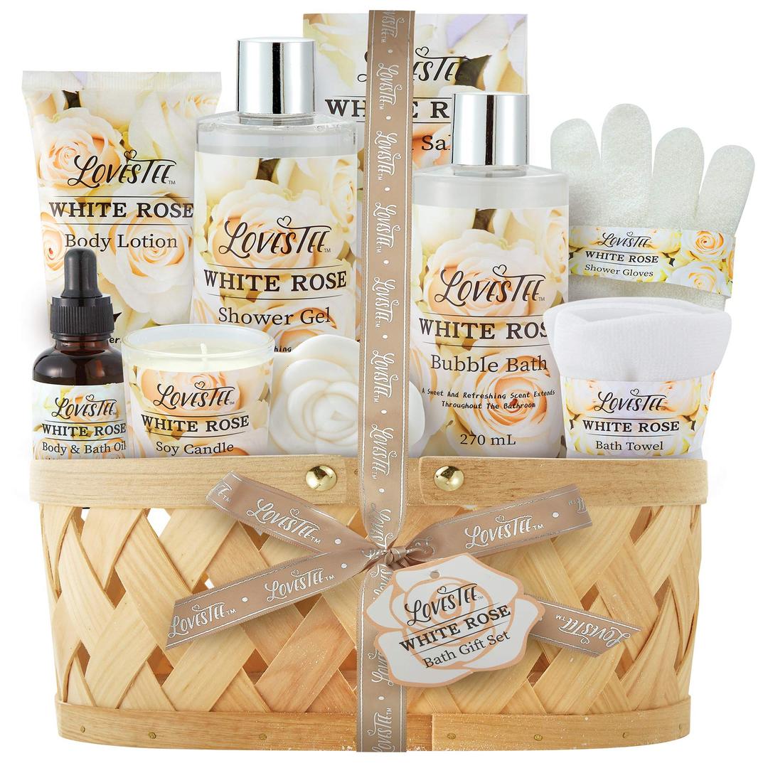 Bath & Body Spa Gift Basket for Women, Best Gift for Christmas, Mother's Day & Birthday, White Rose Set Body Lotion, Shower Gel, Bubble Bath, Bath Salt, Towel, Soap, Oil, Candle, Gloves,