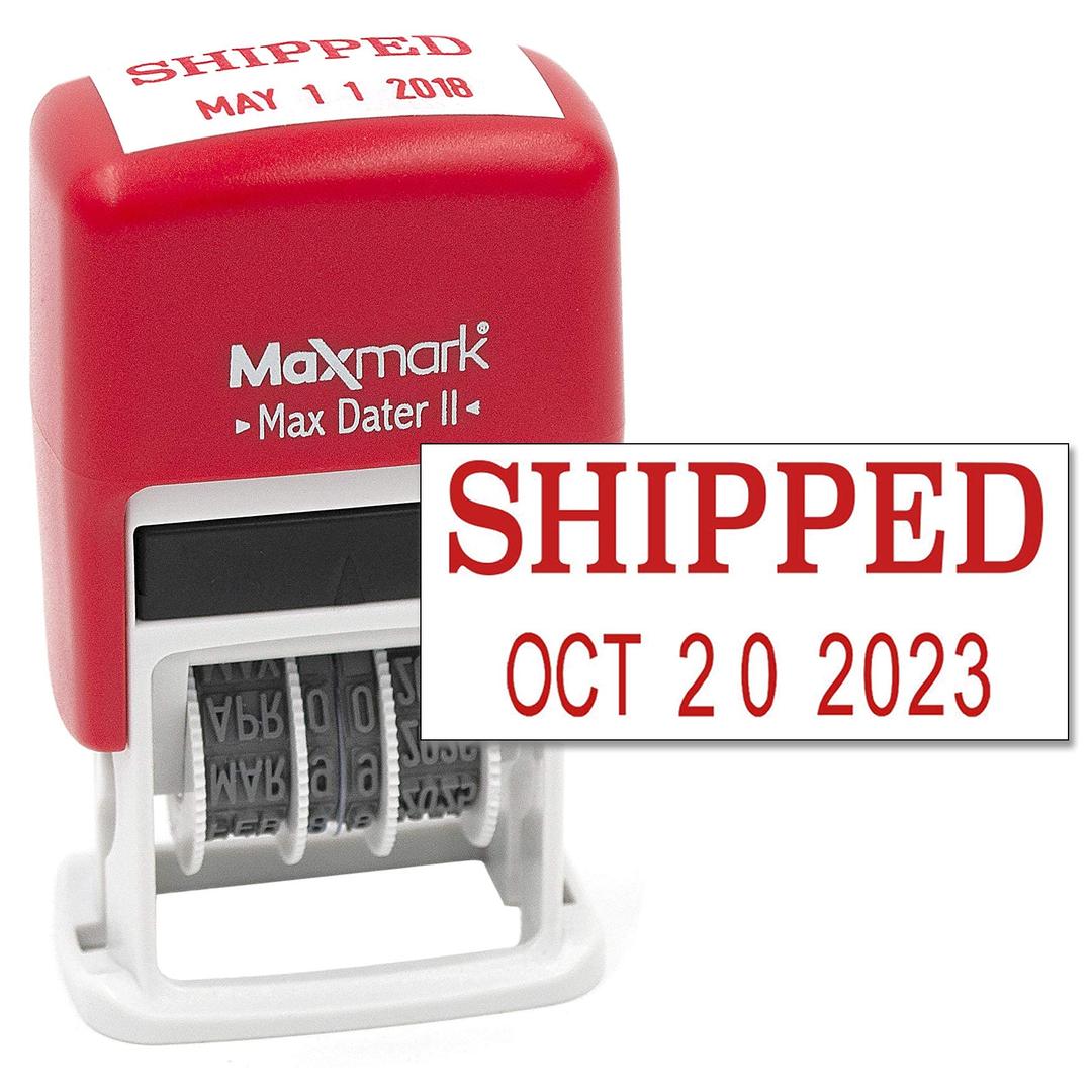 MaxMark Self-Inking Rubber Date Office Stamp with Shipped Phrase & Date - RED Ink (Max Dater II), 12-Year Band