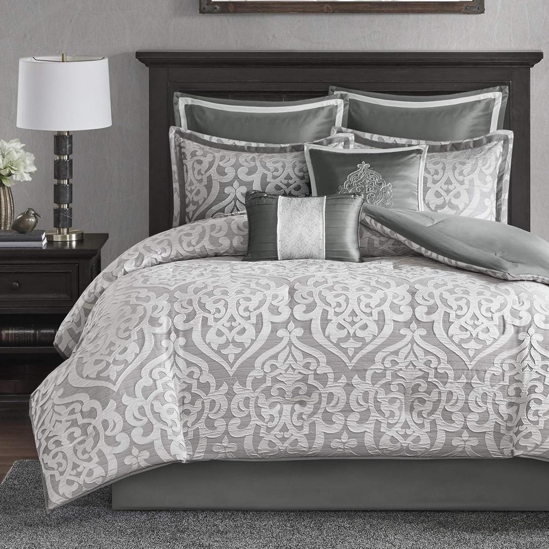 Madison Park Odette Cozy Comforter Set Jacquard Damask Medallion Design - Modern All Season, Down Alternative Bedding, Shams, Decorative Pillows, Queen(90 in x 90 in), Silver 8 Piece