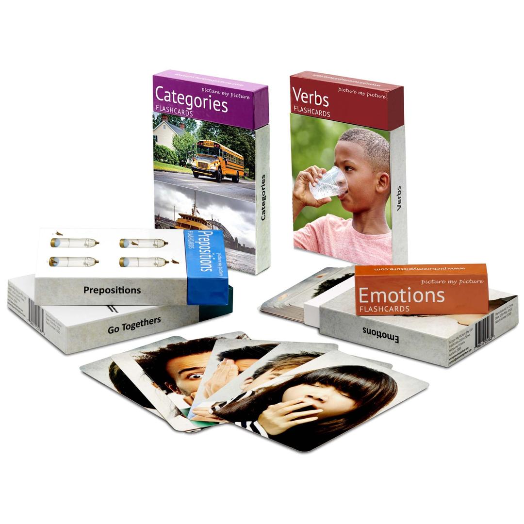 Five Set Bundle of Flashcards: Emotions, Verbs, Prepositions, Categories, Go Togethers & Opposites | Vocabulary Builder | Speech Therapy Materials | Autism Learning Materials | ESL Teaching Materials