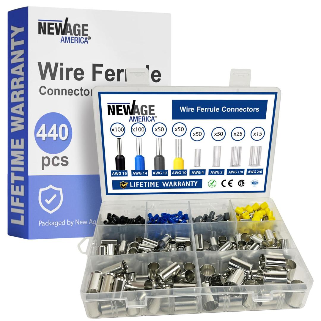 New Age America® 440pcs Wire Ferrules Kit | AWG 16-2/0 | Copper & Nylon | Uninsulated & Insulated Cord Pin End Terminal | Wire Ends Terminal Kit | AWG 16, 14, 12, 10, 4, 2, 1/0, 2/0 | Crimp Terminal