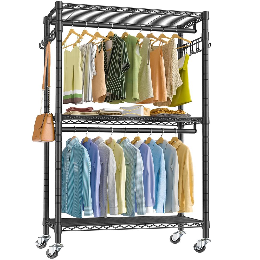 VIPEK V12 Heavy Duty Rolling Garment Rack 3 Tiers Adjustable Wire Shelving Clothes Rack with Double Rods and Side Hooks, Freestanding Wardrobe Storage Rack Metal Clothing Rack, Black