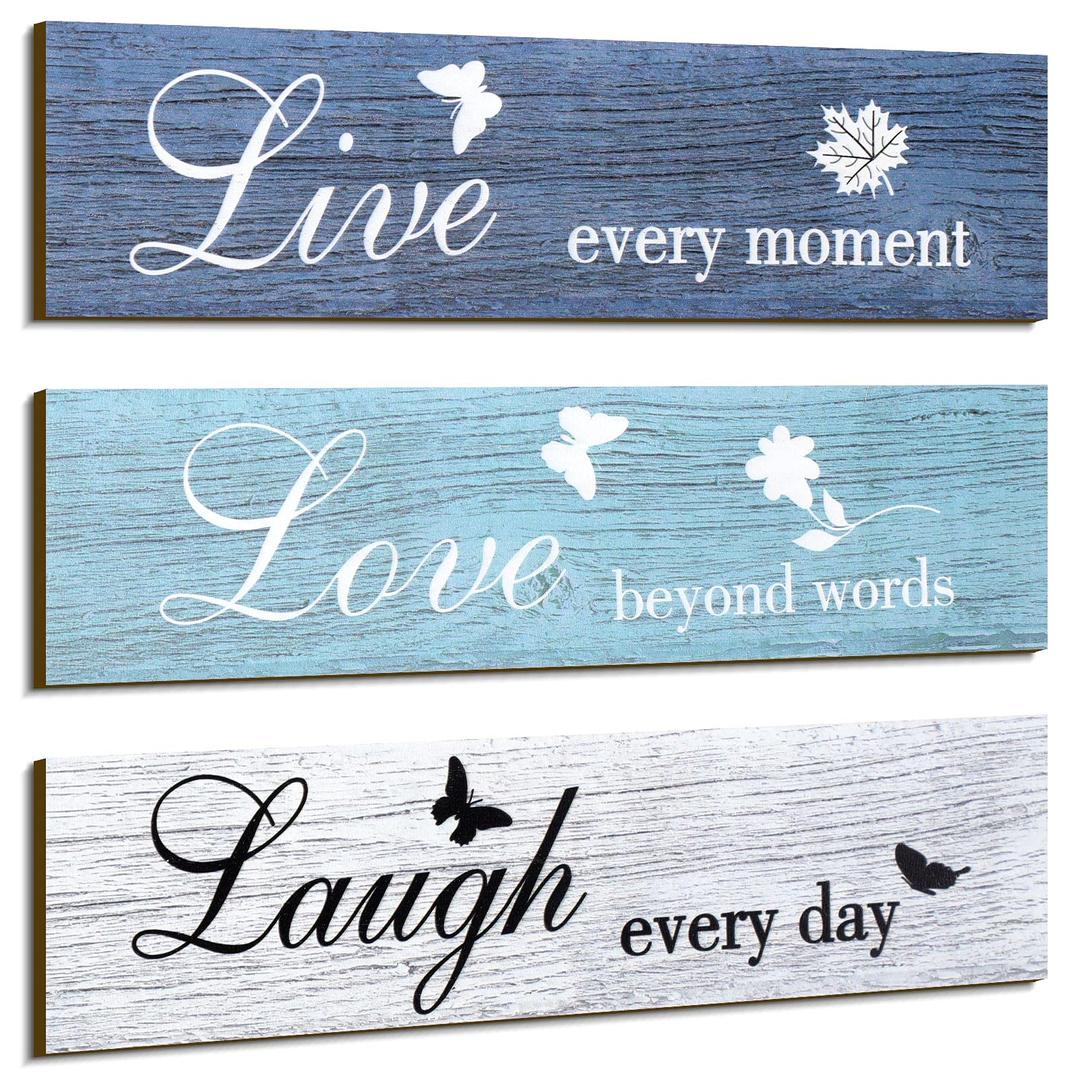 3 Pieces Rustic Wood Sign Wall Decor Live Love and Laugh Quote Sign Farmhouse Wall Mount Decoration for Home Office Wedding Kitchen and Living Room, 12 x 3 x 0.2 Inch (Blue Series)