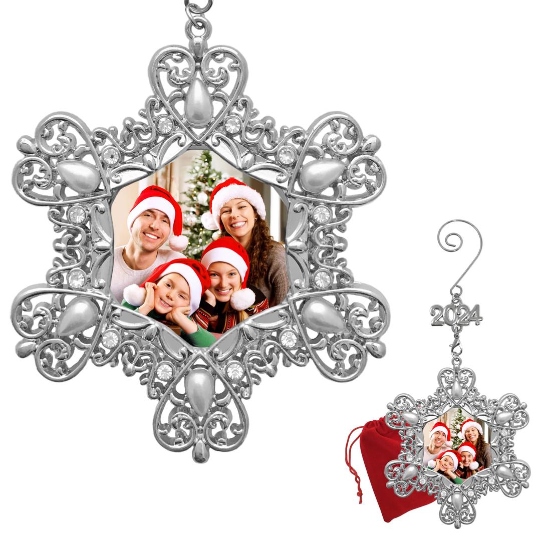 Christmas Snowflake Family Photo Ornament - Dated 2024 - Silver Charm with Crystals and Pearls - Family - School - Wedding - Vacation - Gift/Storage Bag Included