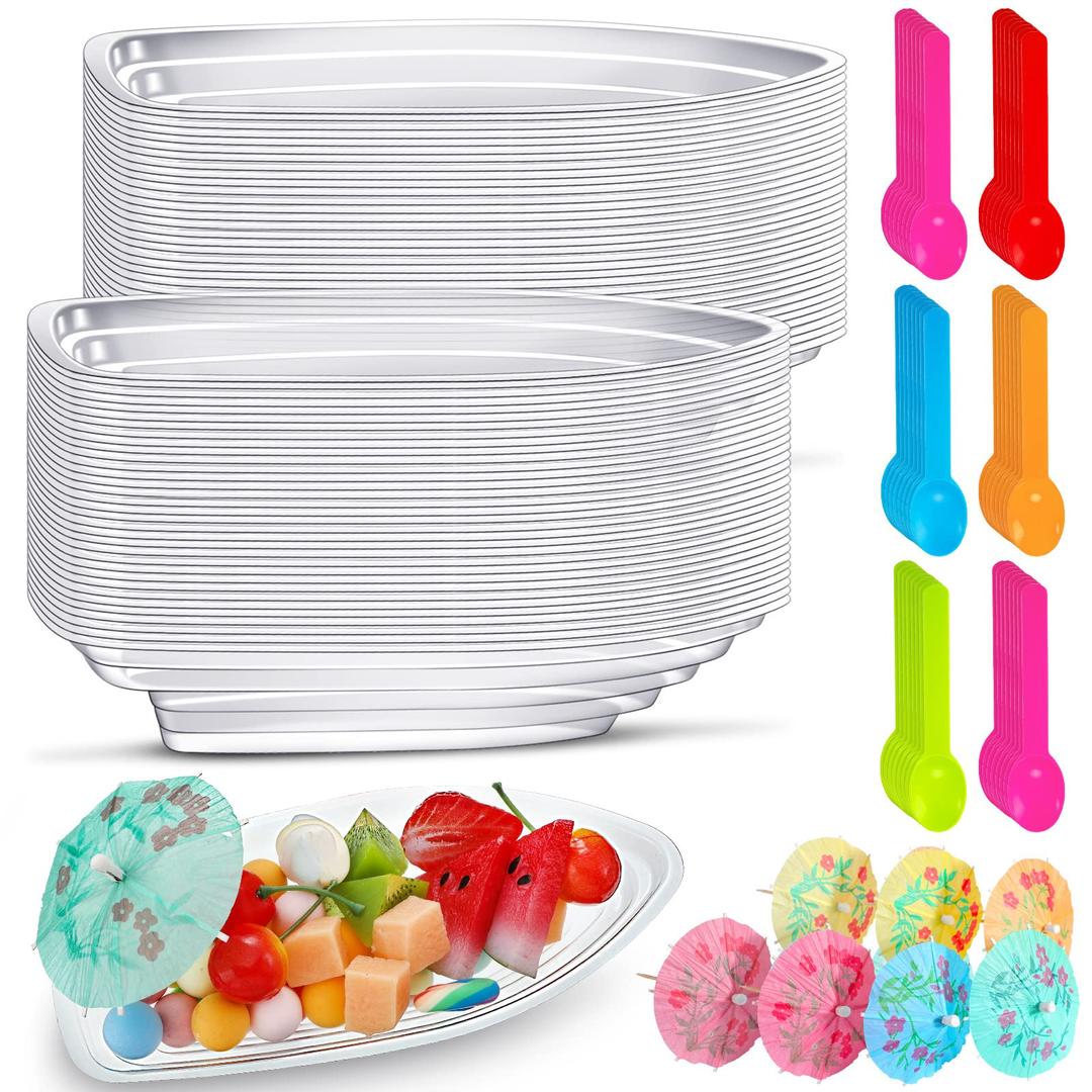 50 Set Clear Plastic 8 oz Banana Split Boat Bowls Set Disposable Reusable Banana Split Plate Include Ice Cream Sundae Splits Bowl Paper Umbrellas and Spoons for Parties Serving Sauces Candy Salad