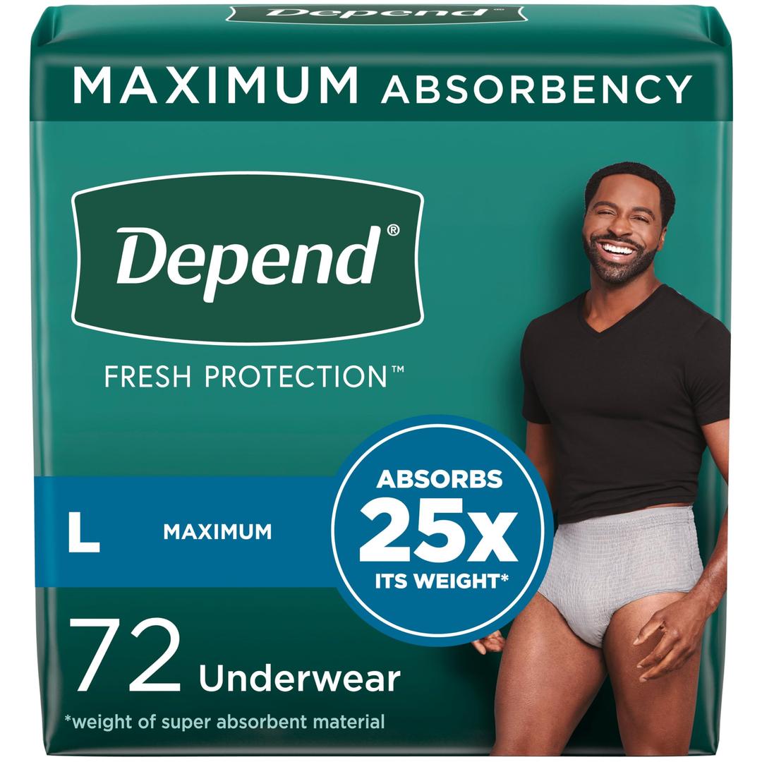 Depend Fresh Protection Adult Incontinence Underwear for Men, Disposable, Maximum, Large, Grey, 72 Count (2 Packs of 36), Packaging May Vary