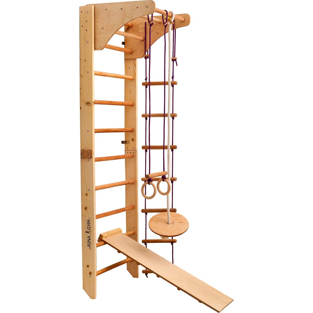 RINAGYM Gymnastics Play Set for Kids - Wooden Indoor Jungle Gym - Wall & Monkey Bars, Pole, Gymnastic Rings, Climbing Rope, Swedish Ladder, Swing - Children 2yrs & Up