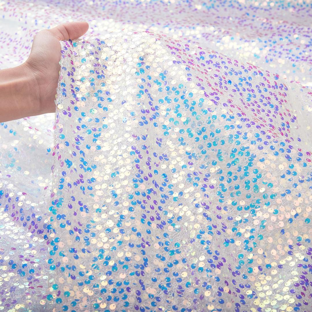 B-COOL Sequin Fabric by The Yard 5MM Iridescent Mermaid Glitter Fabric 1 Yard White Sparkly Fabric for Wedding Costumes Mermaid Tail Sewing Dress Tablecloth DIY Crafts