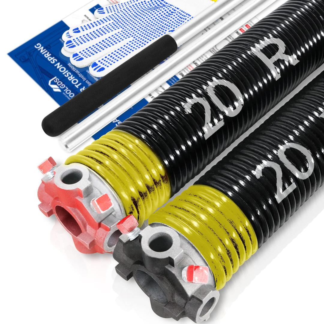 Pair of 2" Garage Door Torsion Springs Set with Non-Slip Winding Bars & Gloves, High Precision Electrophoresis Oil-Free Black Coated for Replacement, MIN 16,000 Cycles (0.207x 2" x 20'')